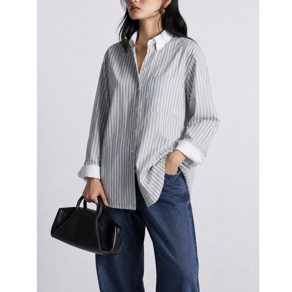 NWT COS Oversized Contrast Trim Pinstriped Shirt Size‎ 2 Minimalist Preppy